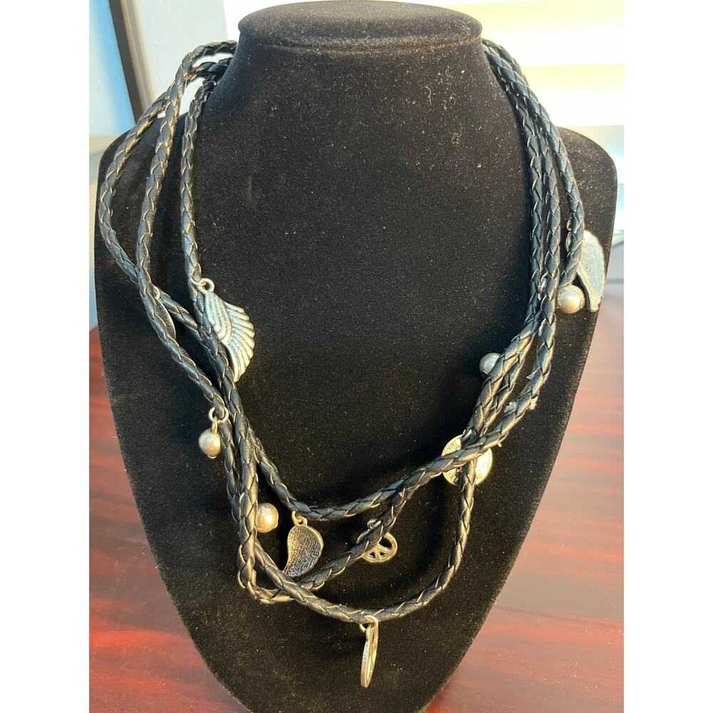 Y2K 3 Strand Black Faux Leather Necklace Peace Sign Angel Wings Biker Goth